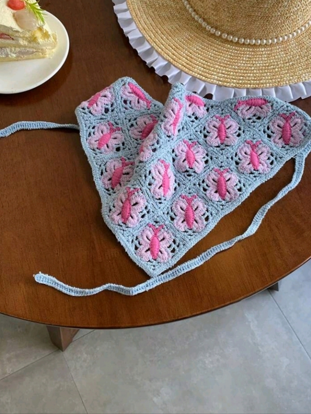 Crochet Boho Bandana Blue Scarf Purple Pink Butterflies Cottagecore Summer